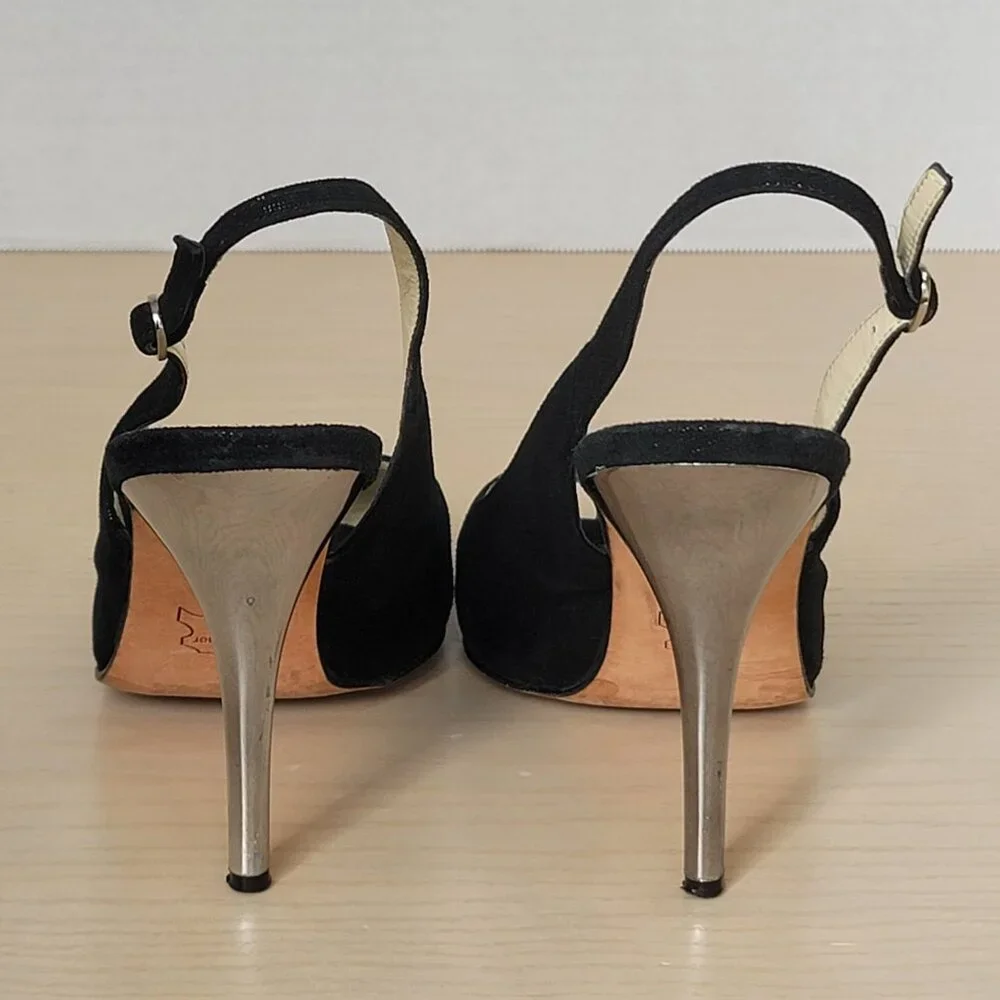 BCBGMAXAZRIA Kelly Black Metallic Leather Peep Toe Heels Size EU 39/US 8.5